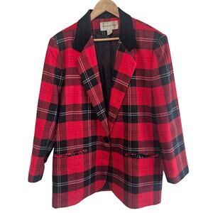 Vintage Fundamental Things Womens Blazer Sz 12 Red Plaid Wool Velvet 90s Preppy